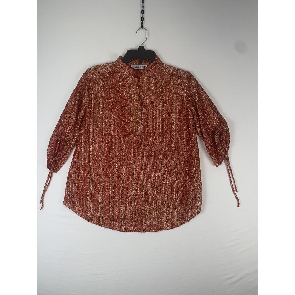 Caribou Blouse Womens Large Red Metallic Stripe 3/4 Sleeve Henley Tunic Top